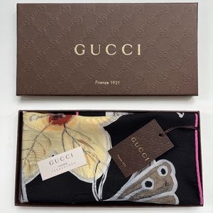 New Gucci Logo Kris Knight Butterfly Flora Black Silk Scarf with Gucci Gift Box